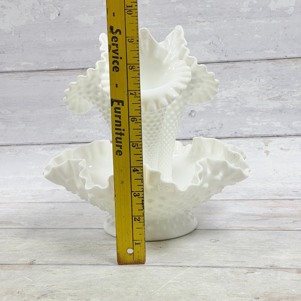 Fenton hobnail epergne beside ruler showing approximately nine-and-a-half-inch height