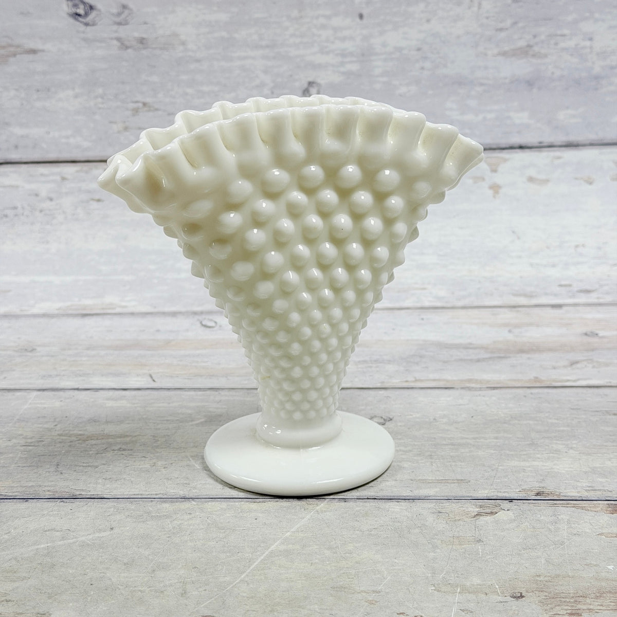 White milk glass Hobnail footed fan vase attributed to Fenton