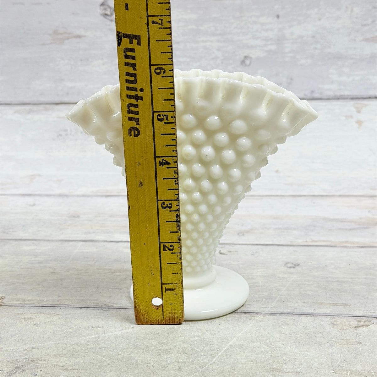 White Hobnail fan vase beside ruler showing approximately six-inch height