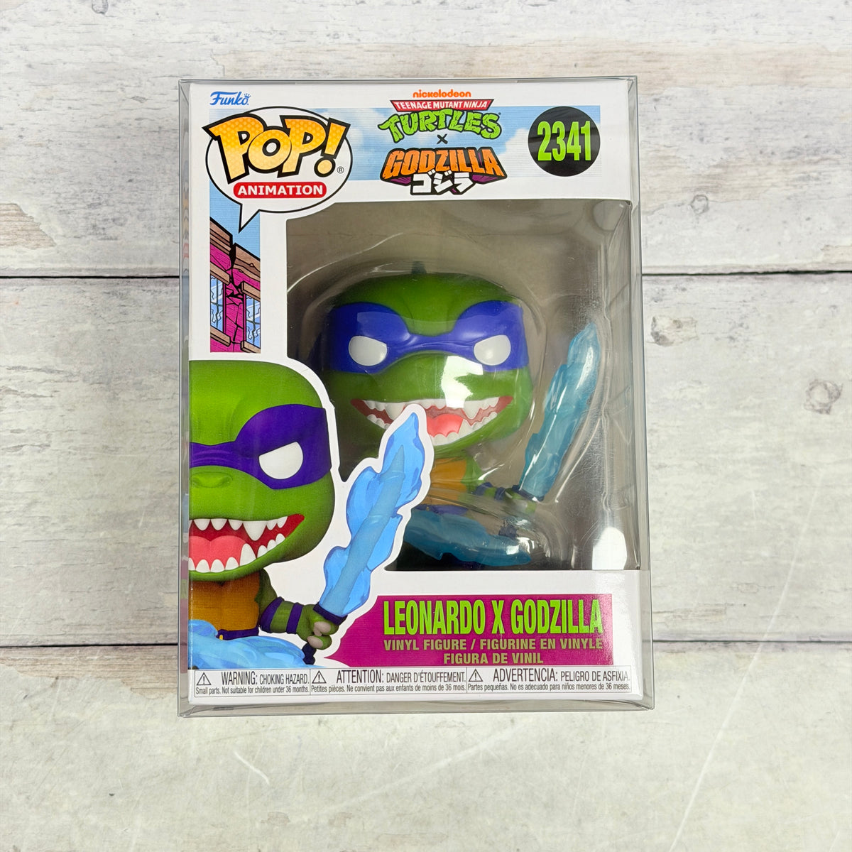 Funko Pop! Leonardo x Godzilla #2341 TMNT Vinyl Figure, front of boxed figure and visible packaging
