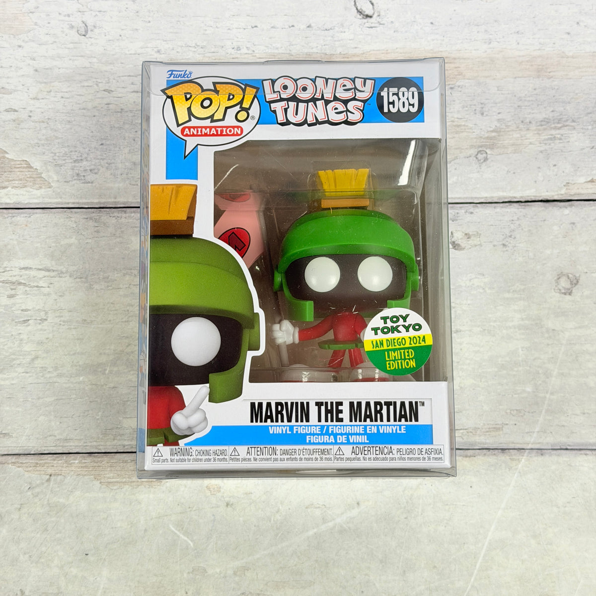 Funko Pop! Marvin the Martian #1589 Toy Tokyo SDCC 2024, front of boxed figure and visible packaging