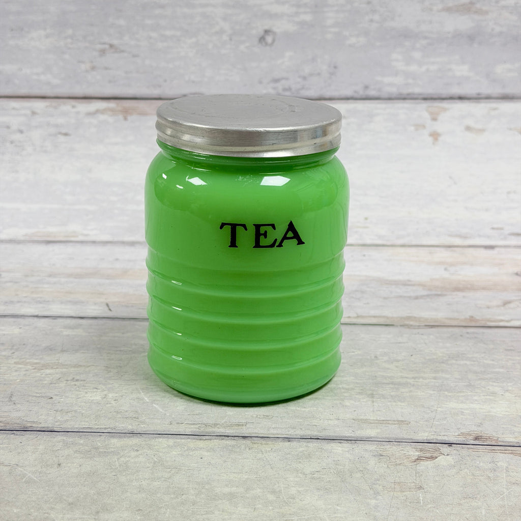 Jeannette jadeite ribbed TEA canister J02 with aluminum lid, front view