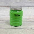 Jeannette jadeite ribbed TEA canister J02 with aluminum lid, front view