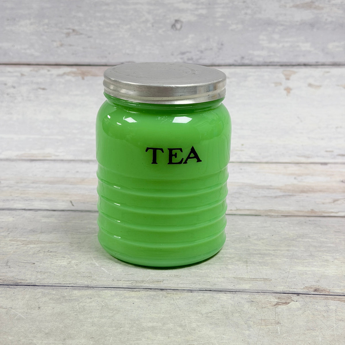 Jeannette jadeite ribbed TEA canister J02 with aluminum lid, front view