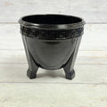 L.E. Smith black amethyst Greek Key three-footed fern bowl viewed from the side