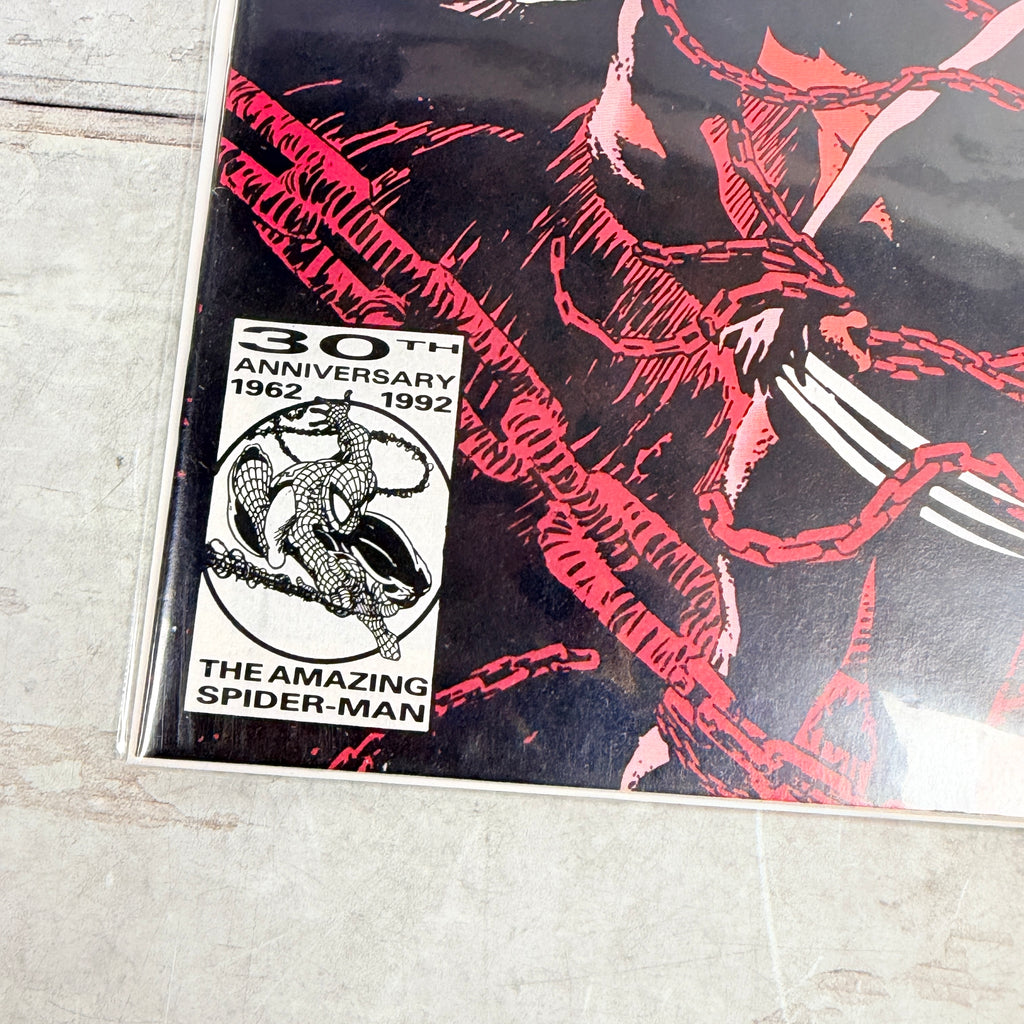 Marvel Comics Presents #110 (1992), Steve Lightle Wolverine and Typhoid Mary cover, direct-sale emblem: lower-left anniversary emblem detail of the actual pre-owned copy.