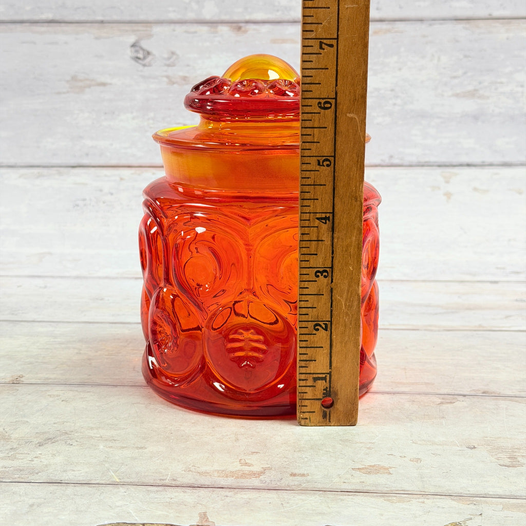 Amberina Moon and Star canister with ruler showing around six and a half inches tall