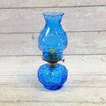Colonial Blue Moon and Star glass oil lamp with matching chimney