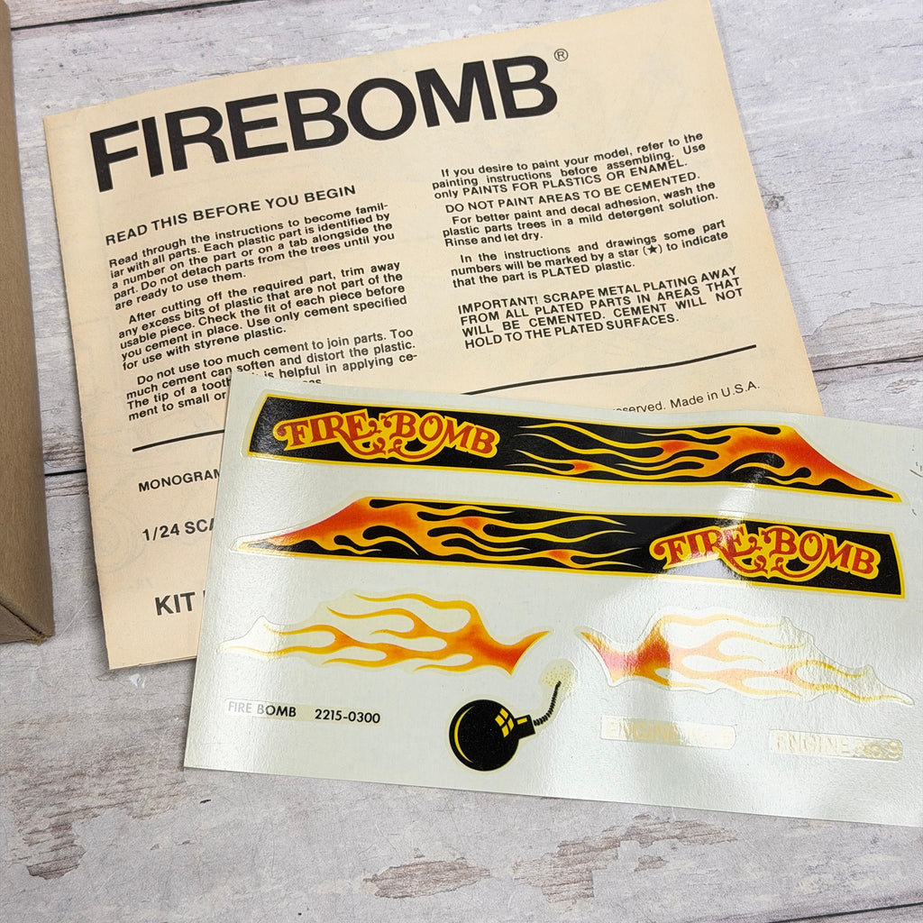 Firebomb instructions and original flame decal sheet