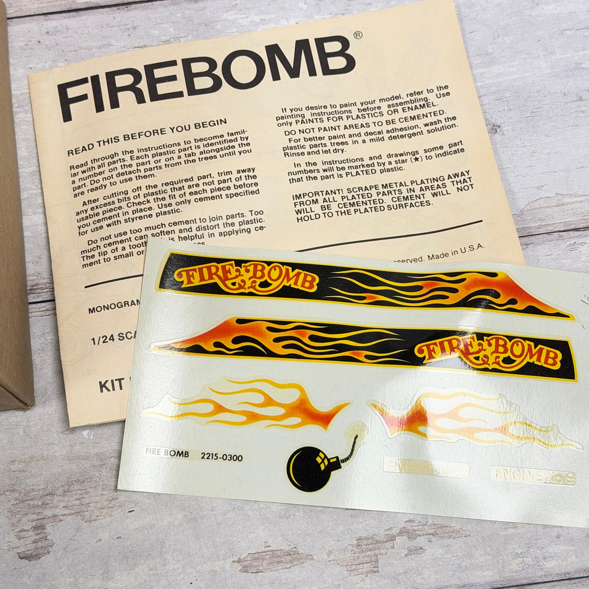 Firebomb instructions and original flame decal sheet