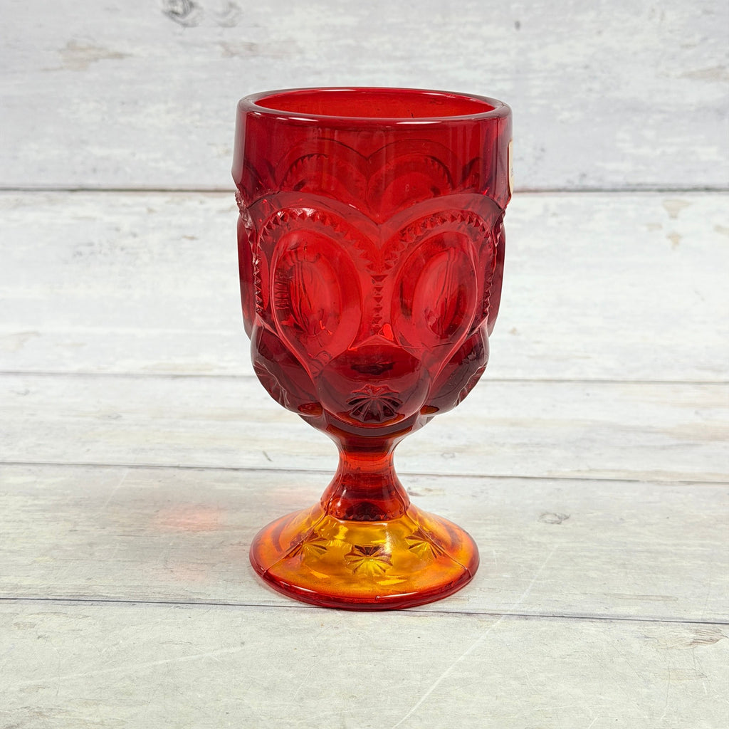 Representative Moon and Star amberina water goblet with red bowl and golden pedestal foot