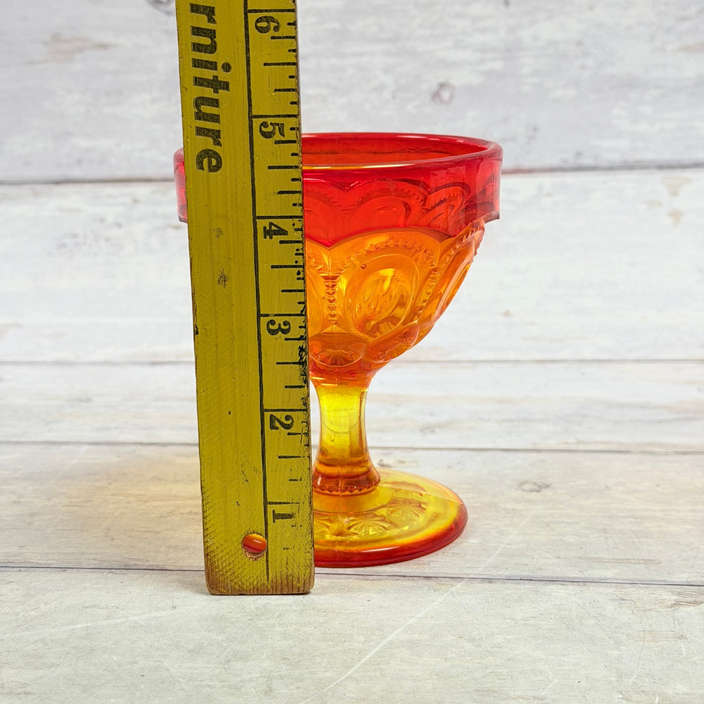 Moon and Star amberina sherbet cup beside ruler showing approximate five-inch height
