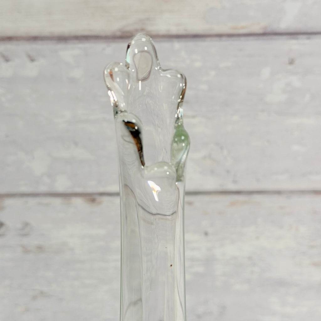 Close-up of the six-petal rim on the clear L.E. Smith swung vase