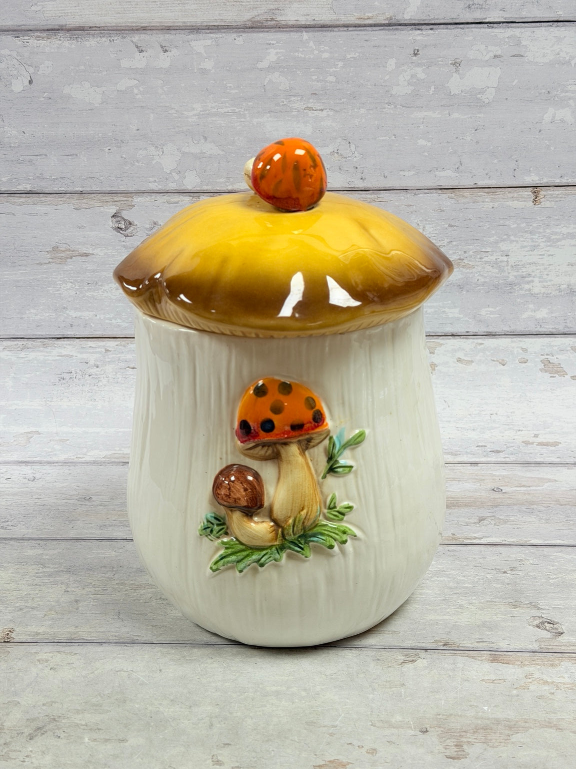 Back of ceramic mushroom canister showing smaller raised mushroom design