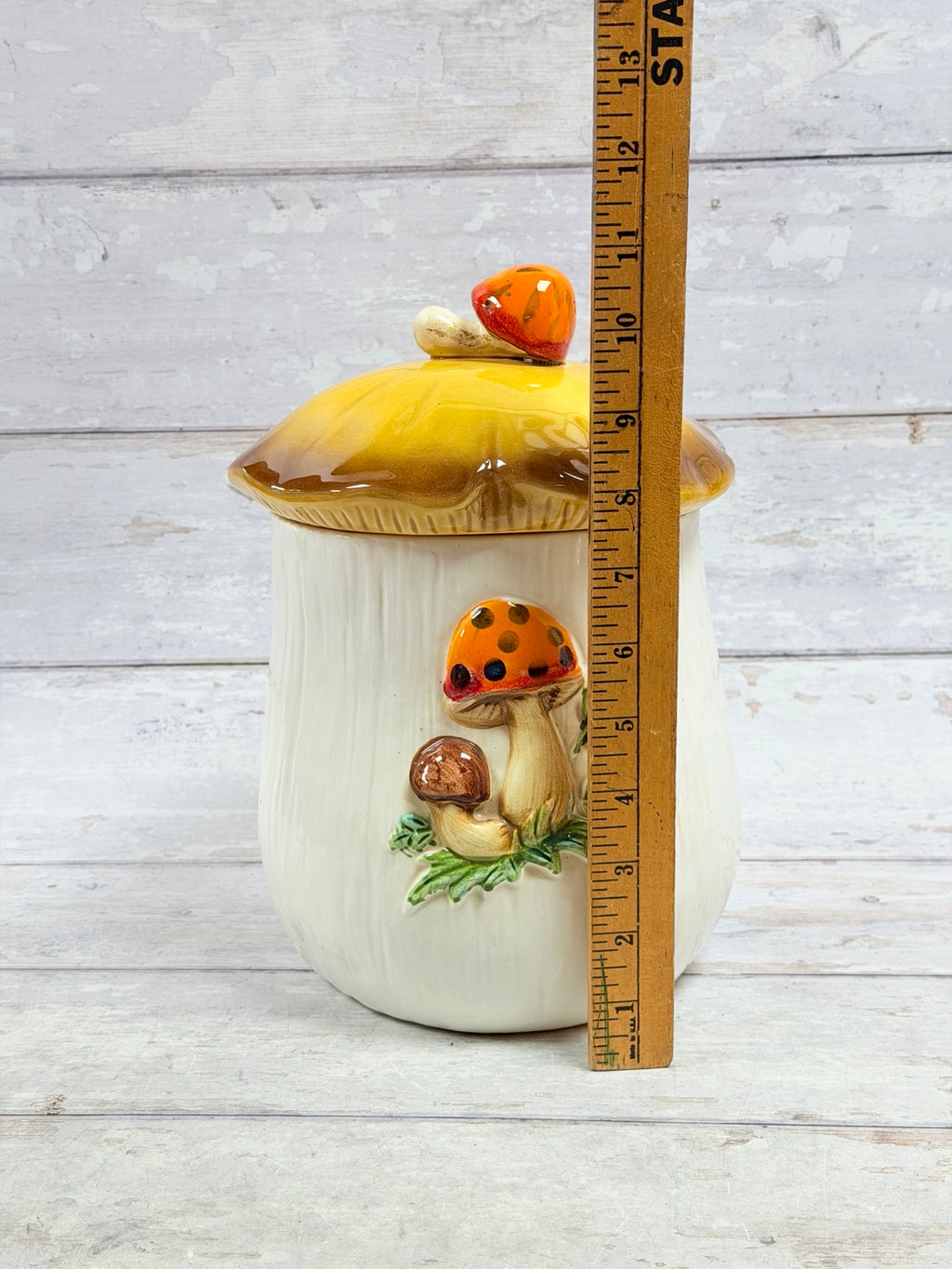 Ceramic mushroom canister base with Made in Japan sticker and shelf wear