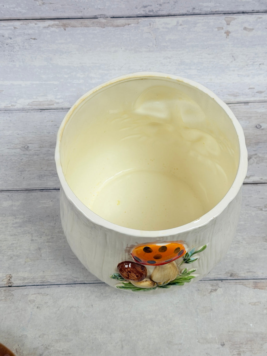 Underside of yellow-brown mushroom canister lid showing rim wear