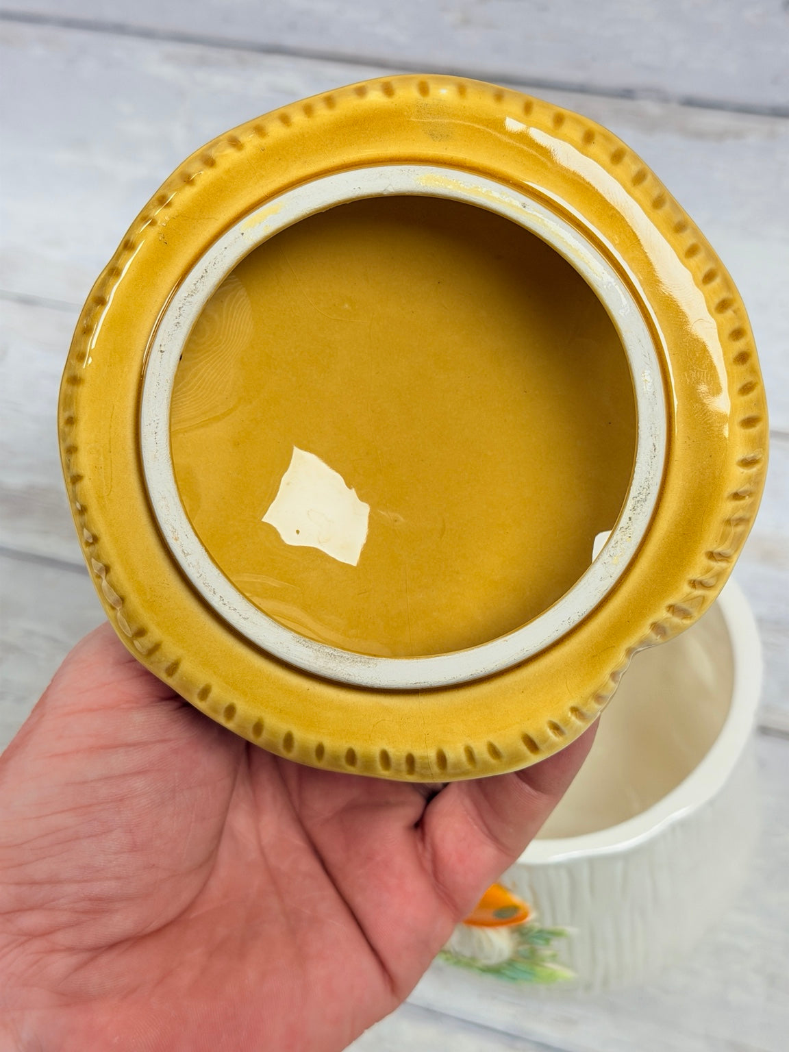 Underside of lid showing glaze and rim condition