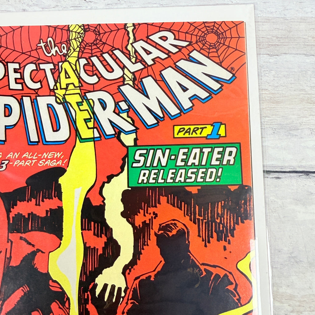 The Spectacular Spider-Man #134 (1988): upper-right front corner and title detail of the actual pre-owned copy.