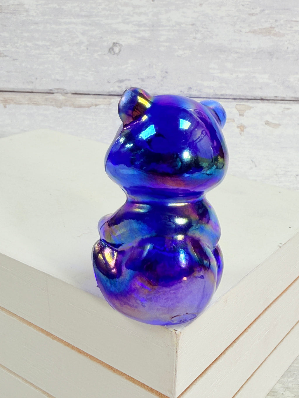 Fenton Mini Cobalt Blue Carnival Glass Bear Figurine, Iridescent Seated Bear F018