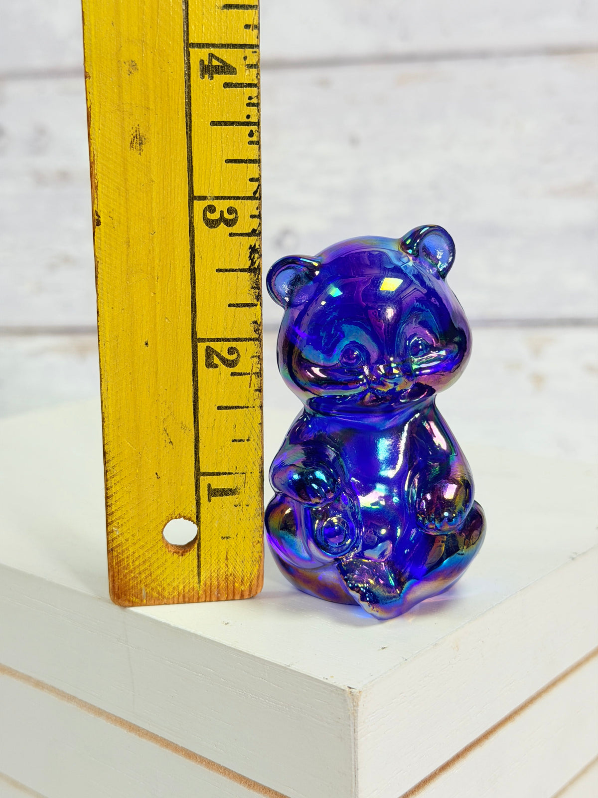 Fenton Mini Cobalt Blue Carnival Glass Bear Figurine, Iridescent Seated Bear F018