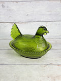 Indiana Glass Olive Green Hen on Nest Covered Dish IN18
