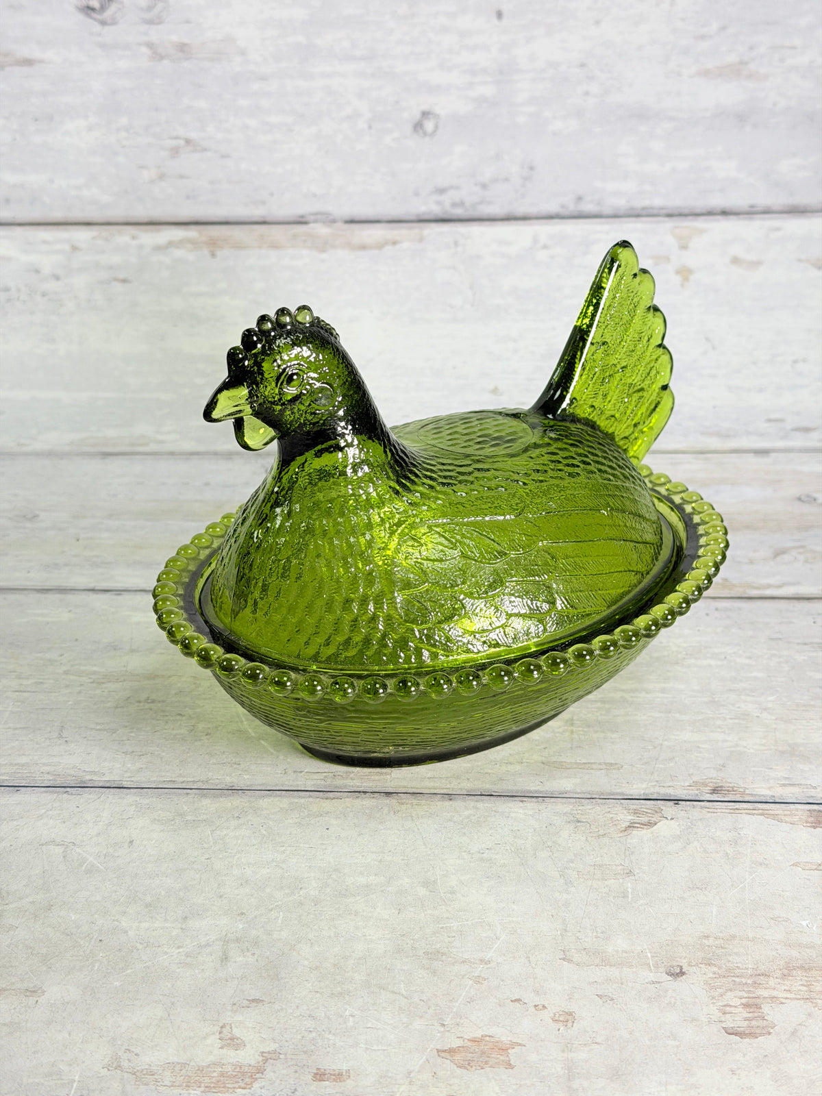 Indiana Glass Olive Green Hen on Nest Covered Dish IN18
