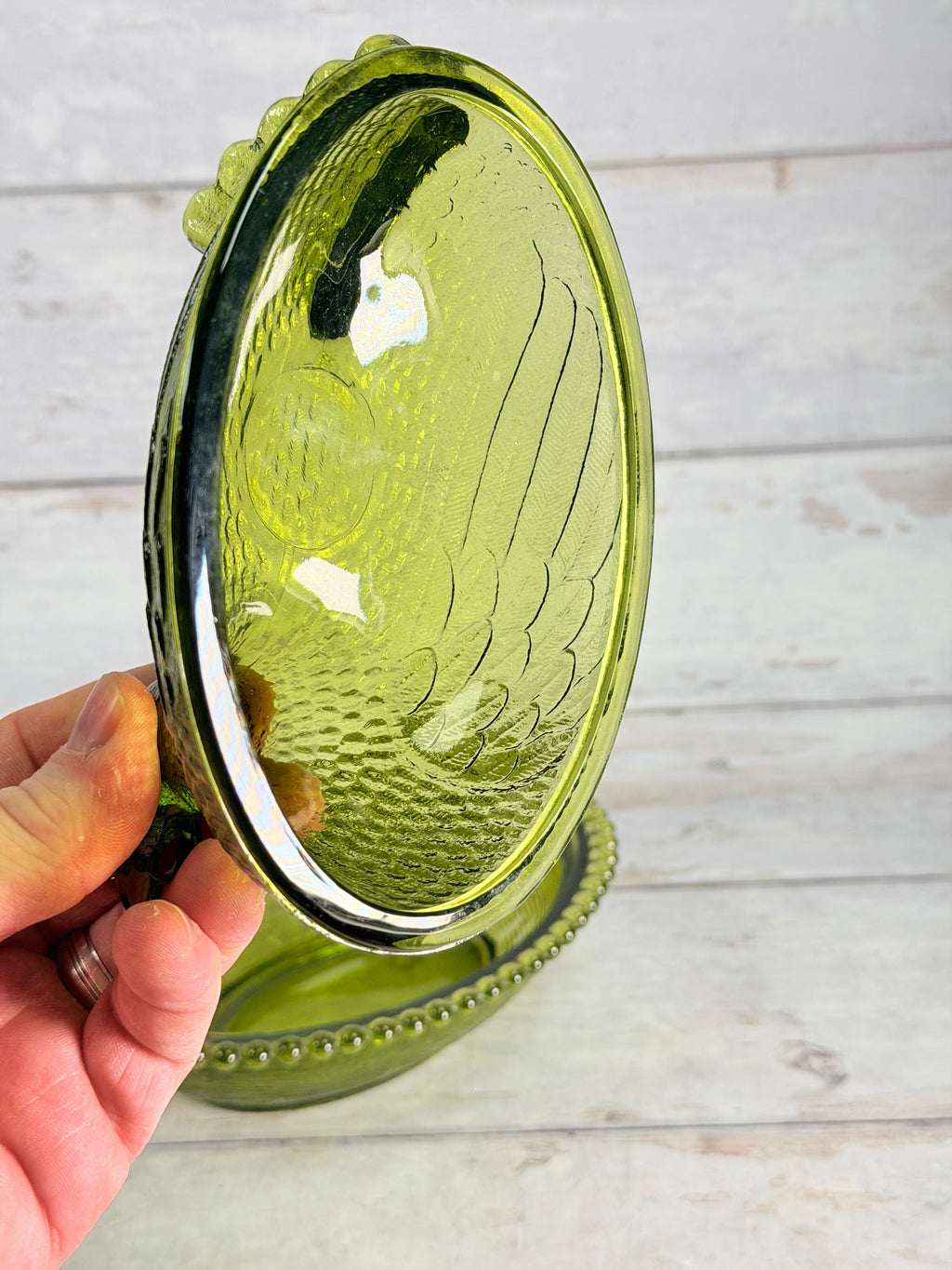 Indiana Glass Olive Green Hen on Nest Covered Dish IN18