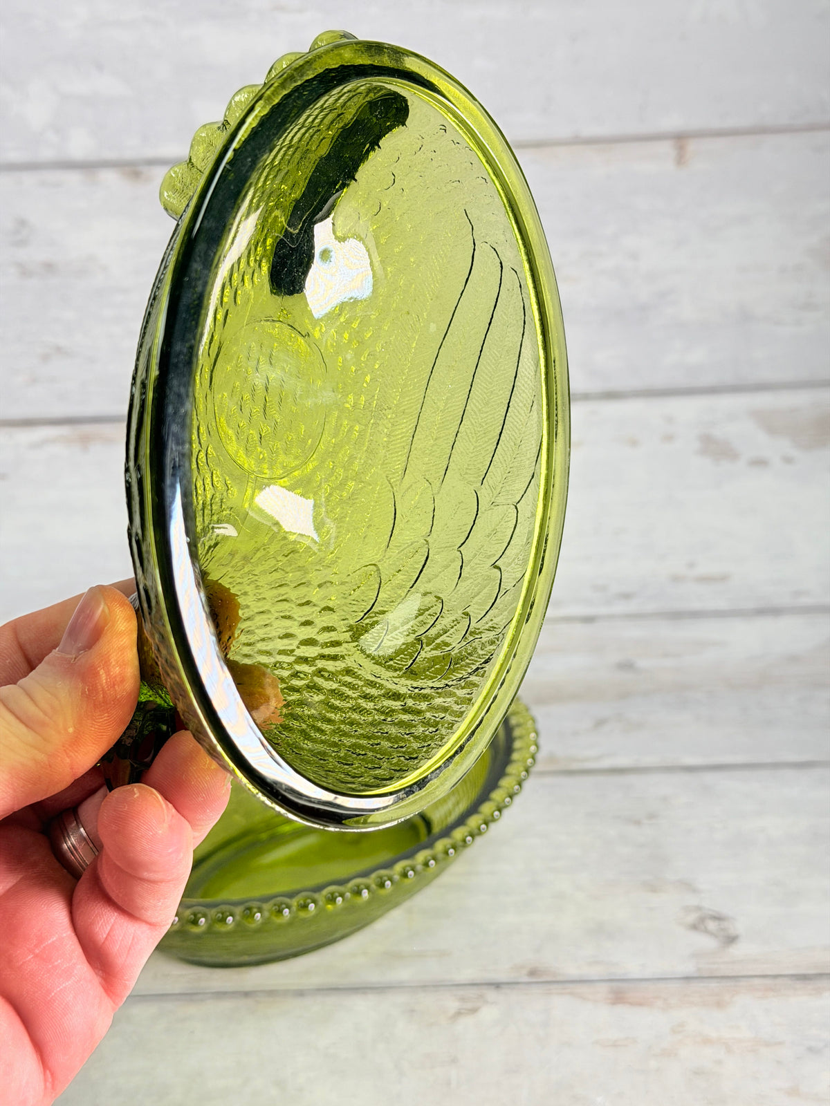 Indiana Glass Olive Green Hen on Nest Covered Dish IN18