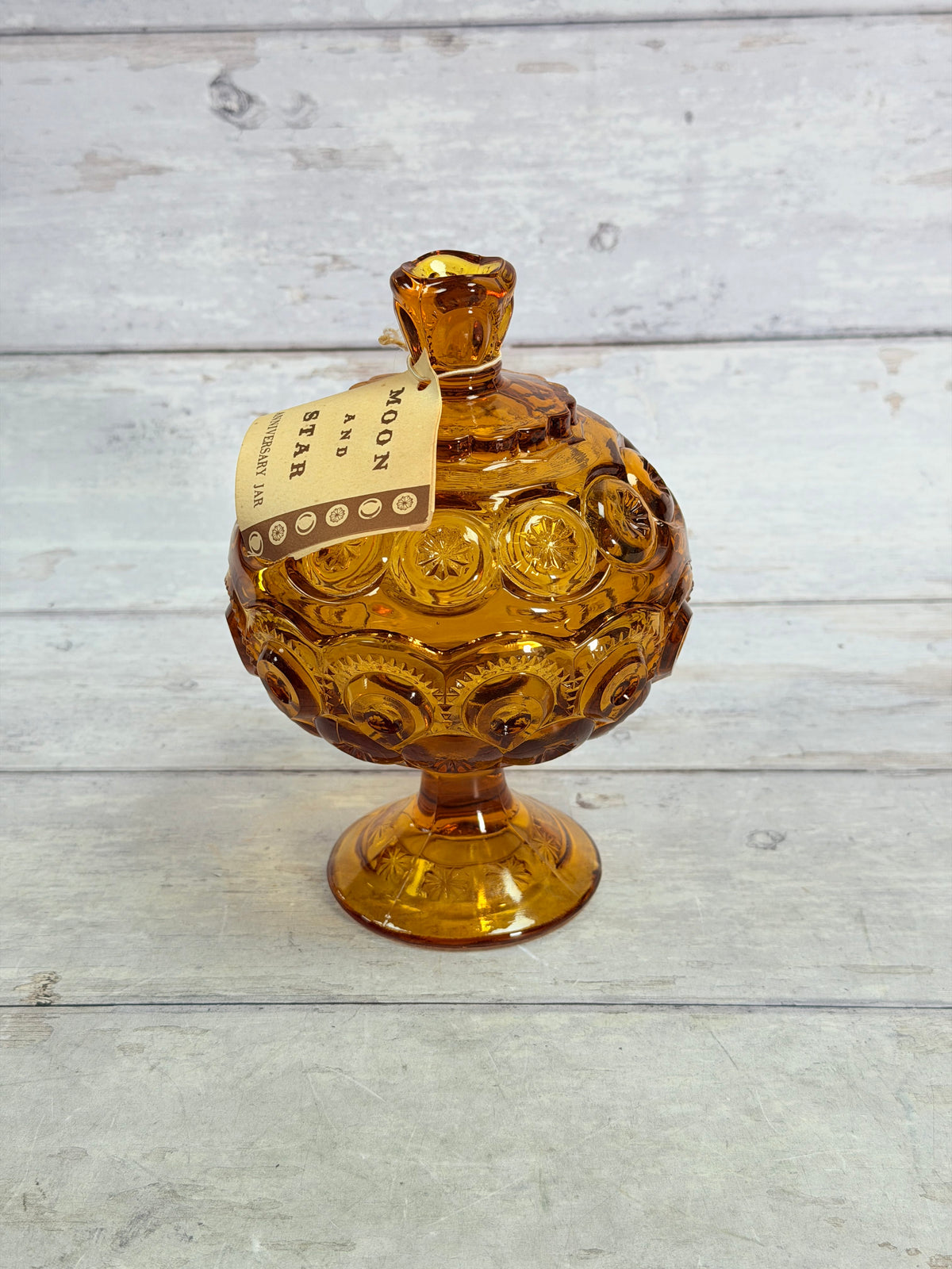 L.E. Smith Moon & Star Amber Glass Lidded Pedestal Candy Dish MN12