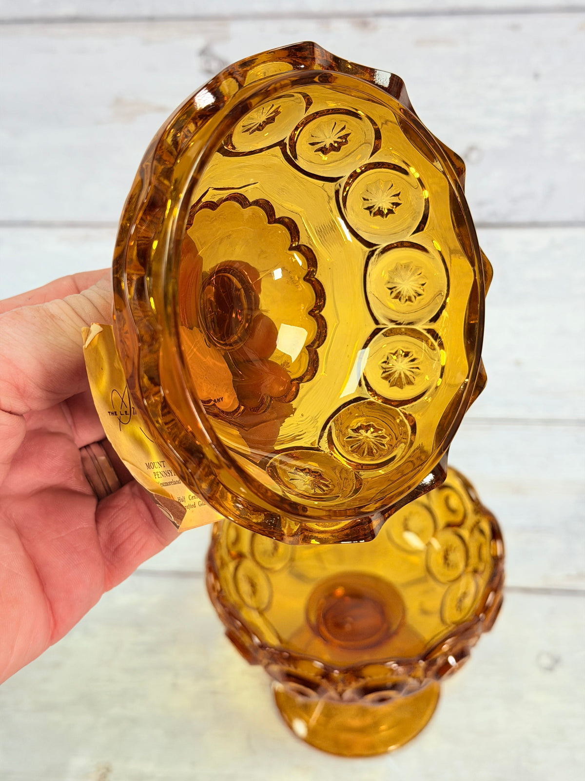 L.E. Smith Moon & Star Amber Glass Lidded Pedestal Candy Dish MN12