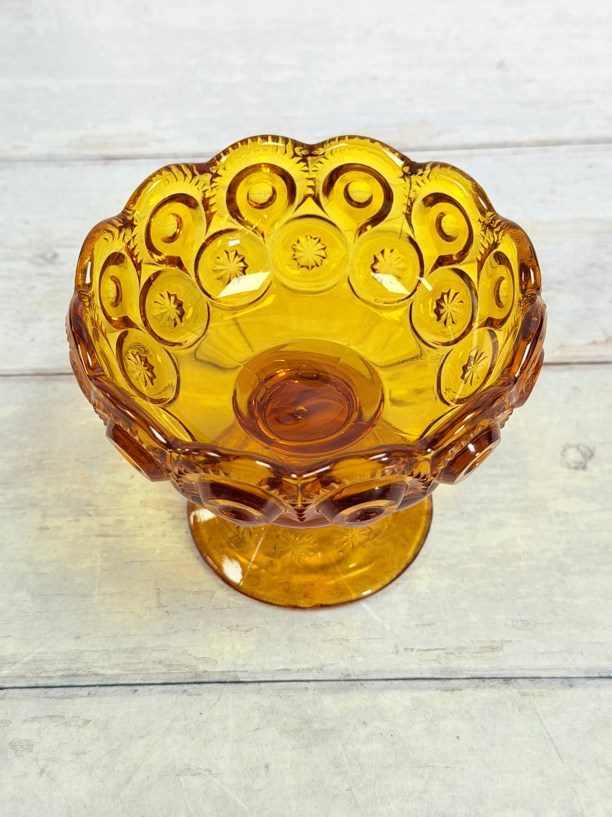L.E. Smith Moon & Star Amber Glass Lidded Pedestal Candy Dish MN12