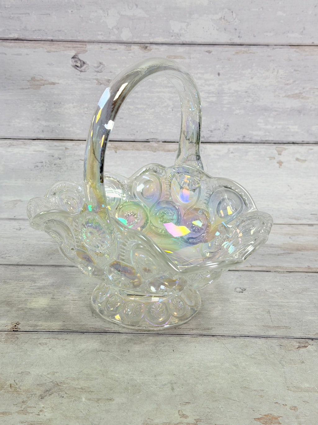 L.E. Smith Moon & Star Clear Carnival Glass 8-Inch Basket MN23