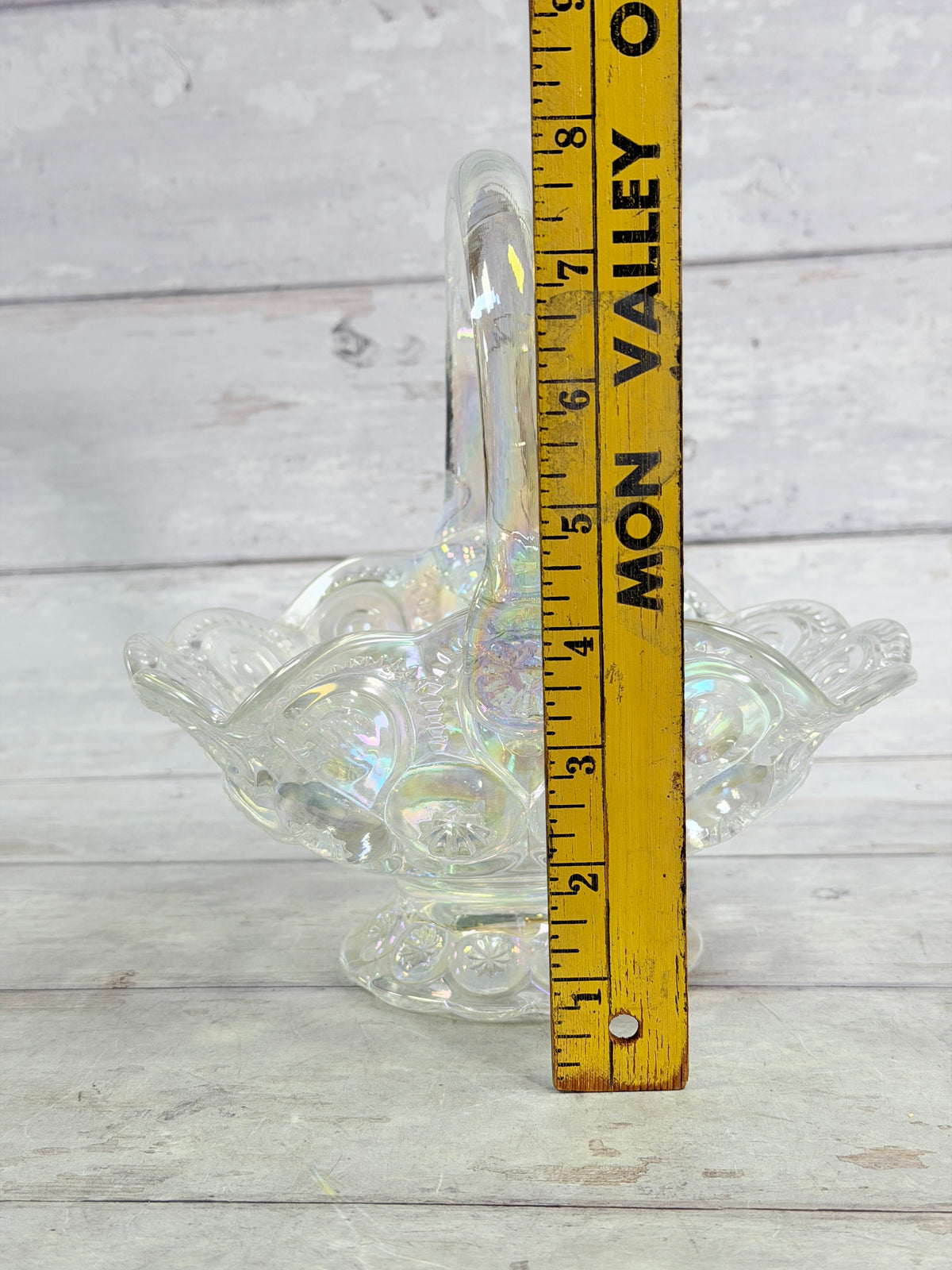L.E. Smith Moon & Star Clear Carnival Glass 8-Inch Basket MN23