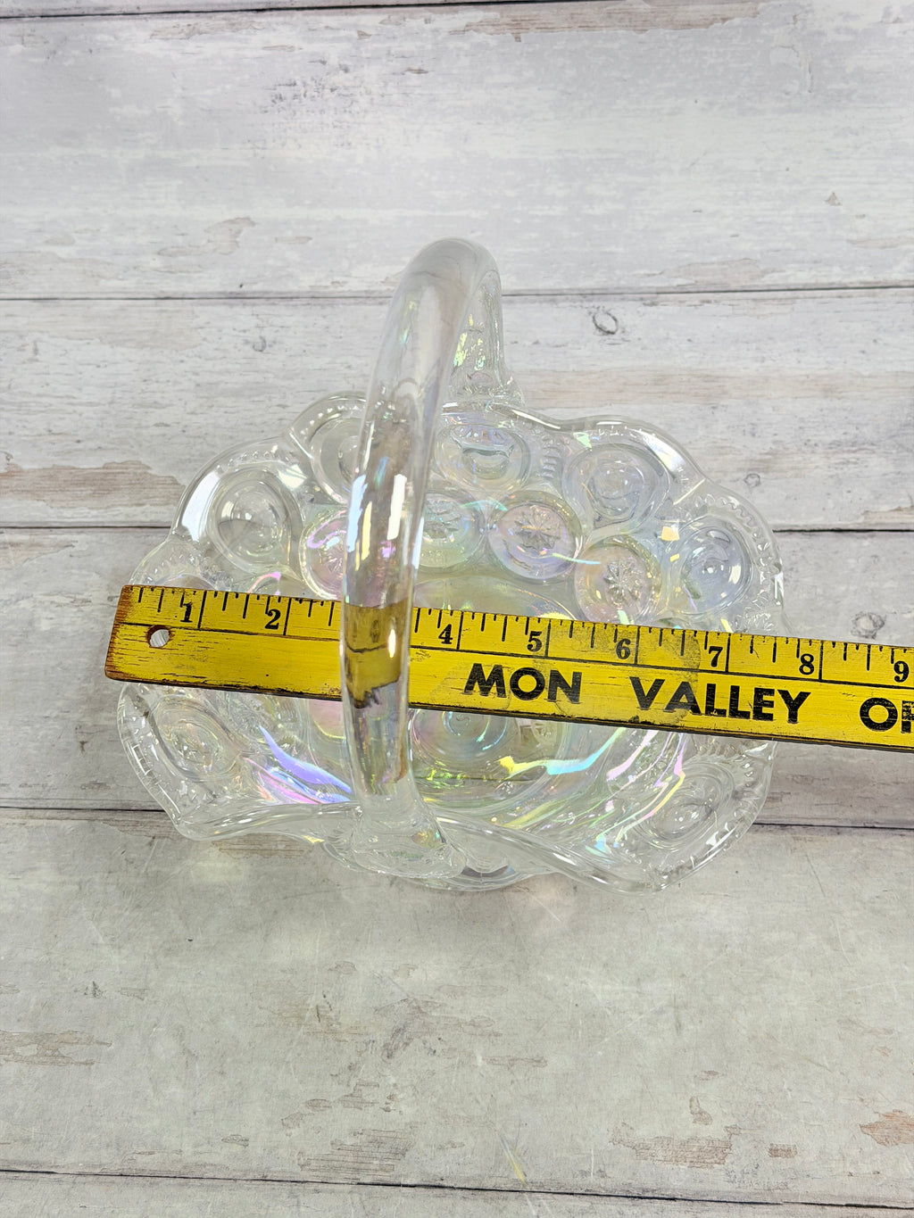 L.E. Smith Moon & Star Clear Carnival Glass 8-Inch Basket MN23
