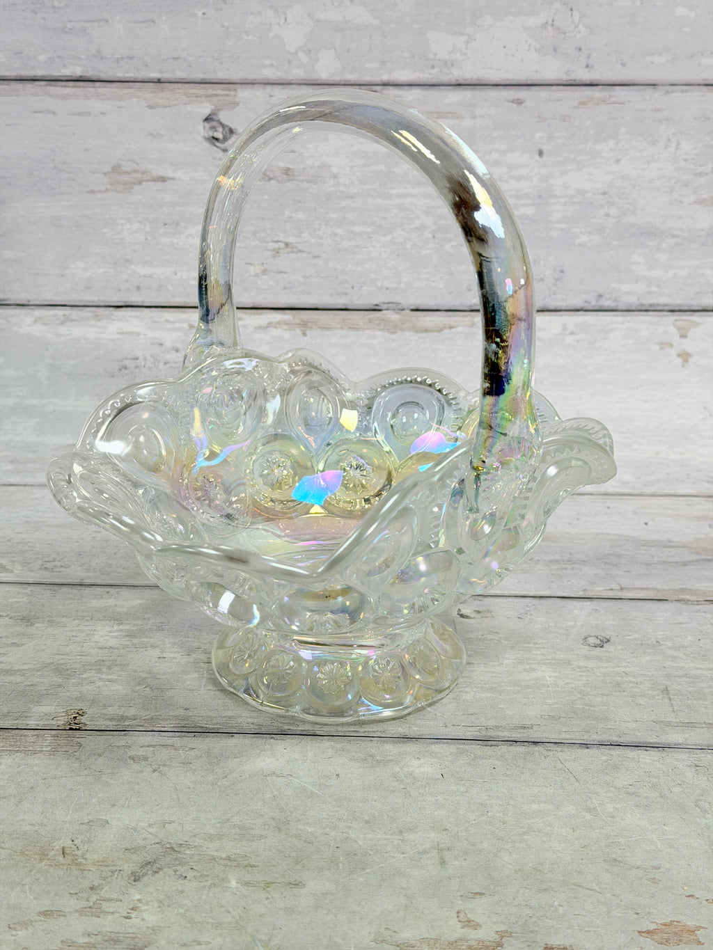 L.E. Smith Moon & Star Clear Carnival Glass 8-Inch Basket MN23
