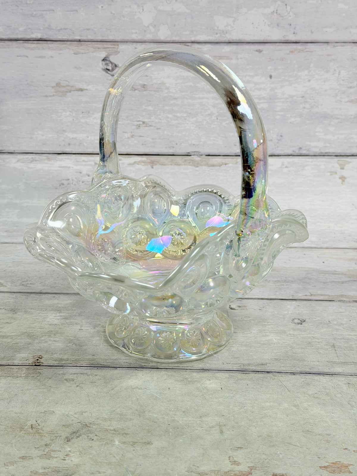 L.E. Smith Moon & Star Clear Carnival Glass 8-Inch Basket MN23