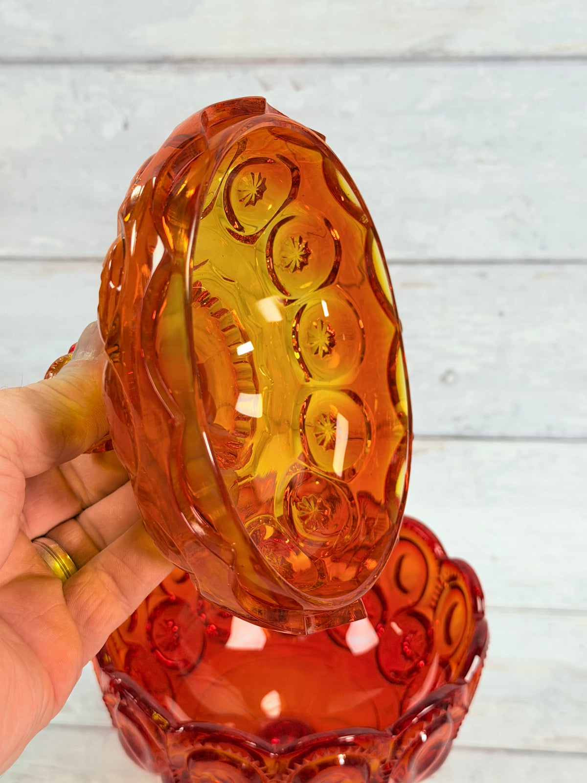 Moon & Star Amberina Glass Lidded Candy Dish on Pedestal MN26