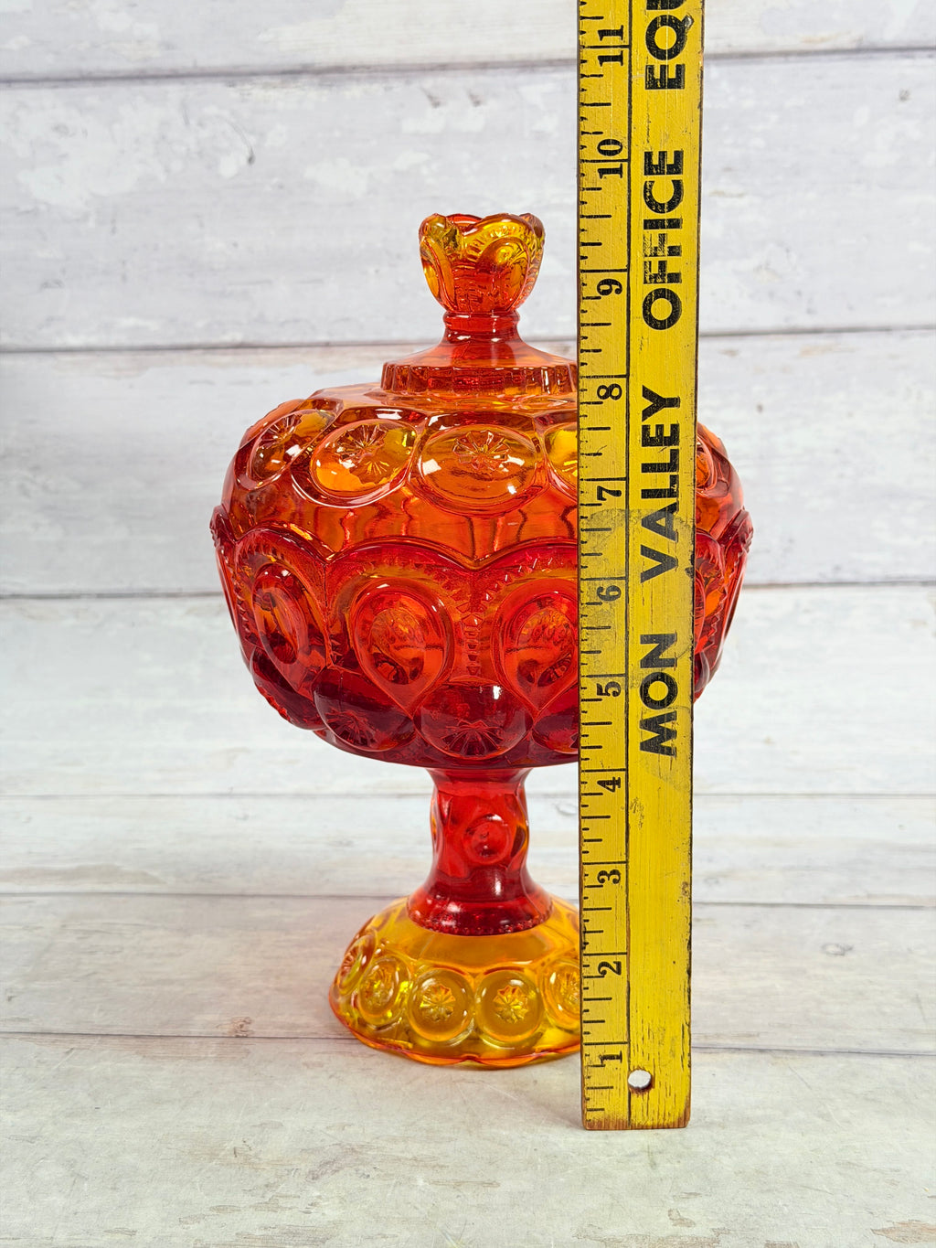 Moon & Star Amberina Glass Lidded Candy Dish on Pedestal MN26