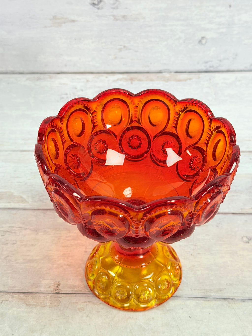 Moon & Star Amberina Glass Lidded Candy Dish on Pedestal MN26