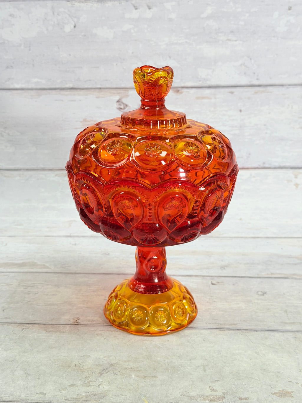 Moon & Star Amberina Glass Lidded Candy Dish on Pedestal MN26