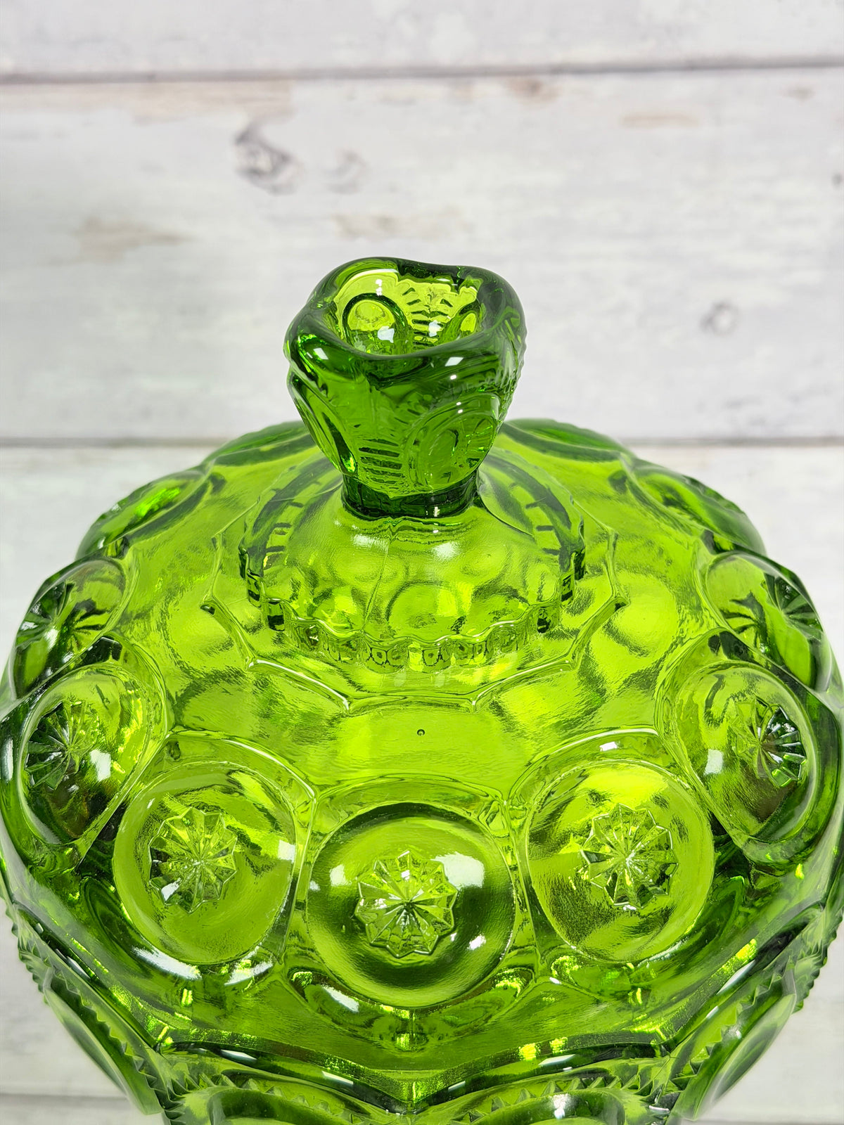 Moon & Star Green Glass Lidded Candy Dish on Pedestal MN28