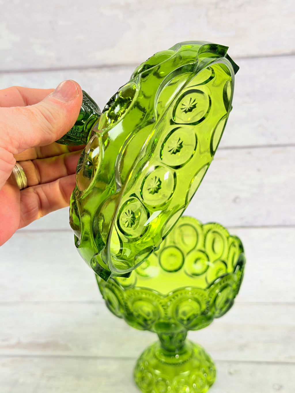 Moon & Star Green Glass Lidded Candy Dish on Pedestal MN28