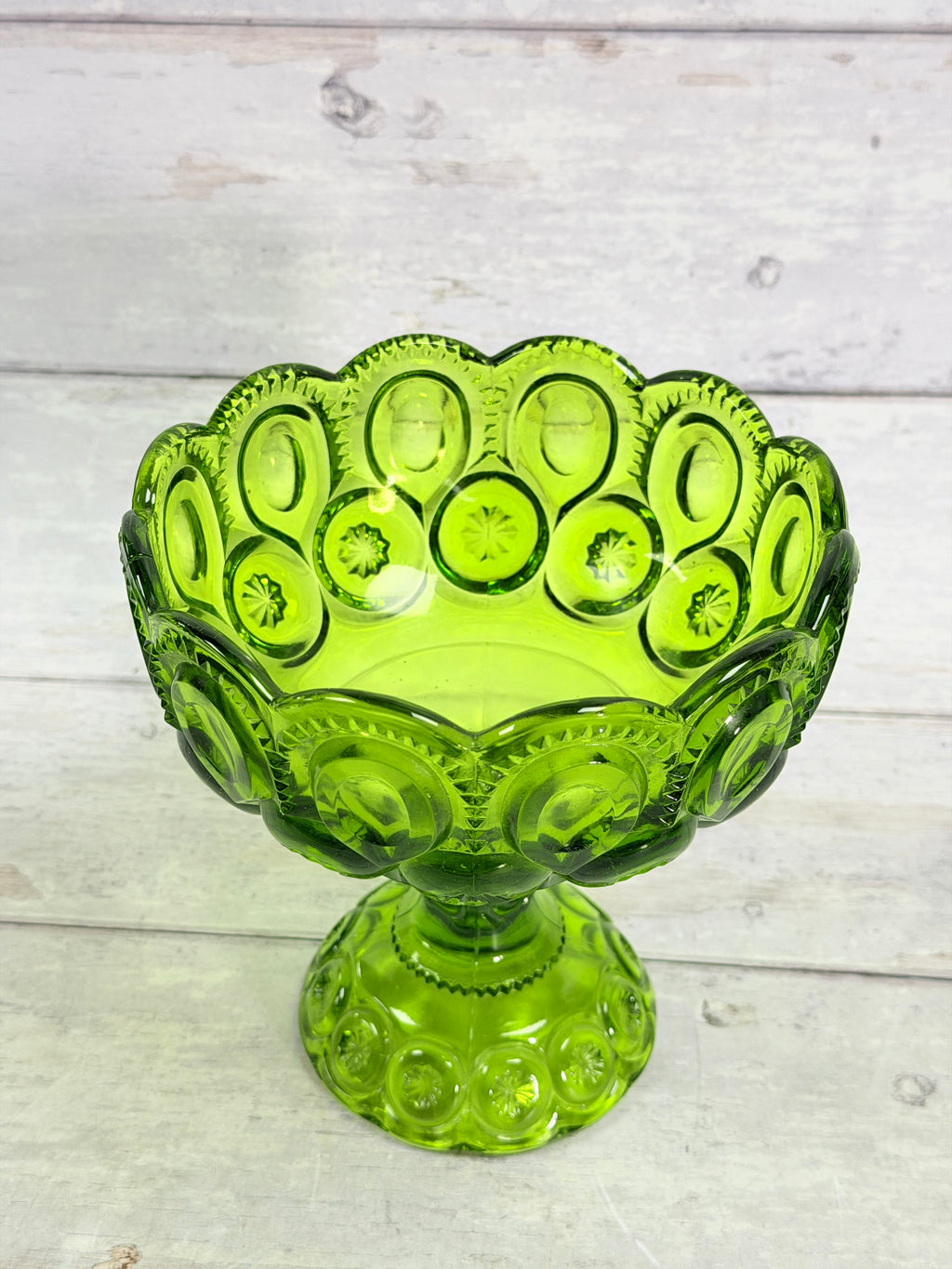 Moon & Star Green Glass Lidded Candy Dish on Pedestal MN28