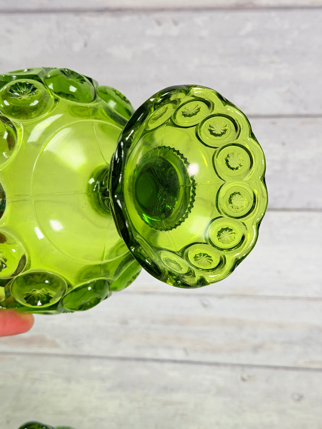 Moon & Star Green Glass Lidded Candy Dish on Pedestal MN28