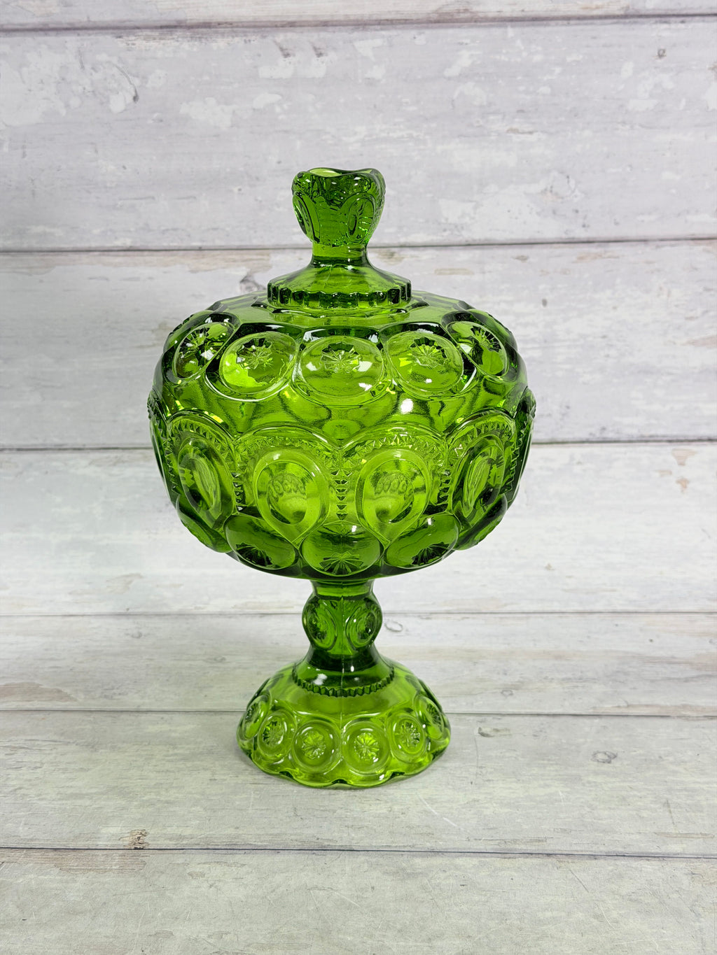 Moon & Star Green Glass Lidded Candy Dish on Pedestal MN28