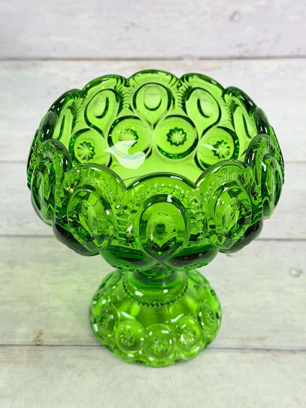 Moon and Star Green Glass Scalloped Pedestal Compote MN29