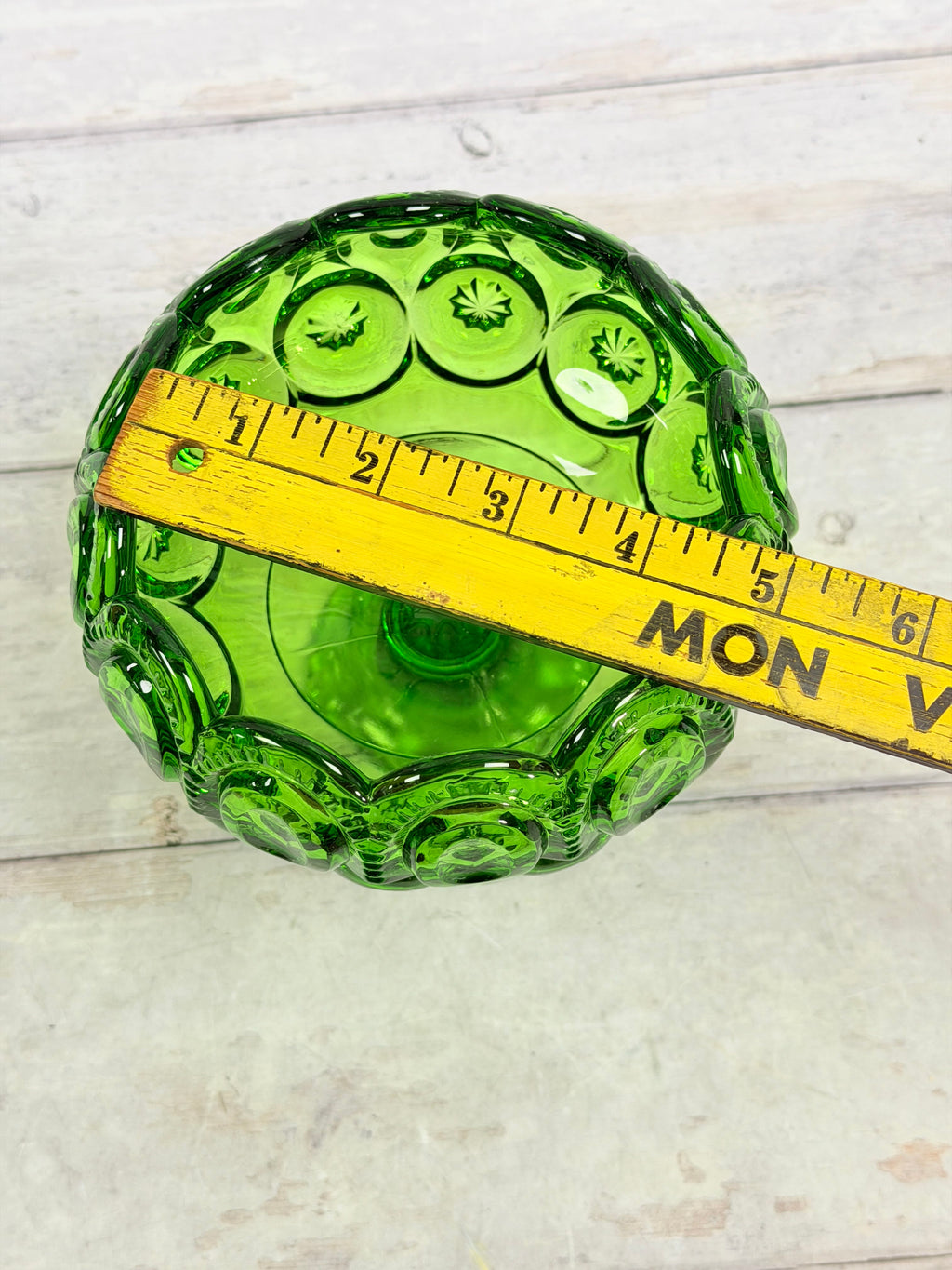 Moon and Star Green Glass Scalloped Pedestal Compote MN29