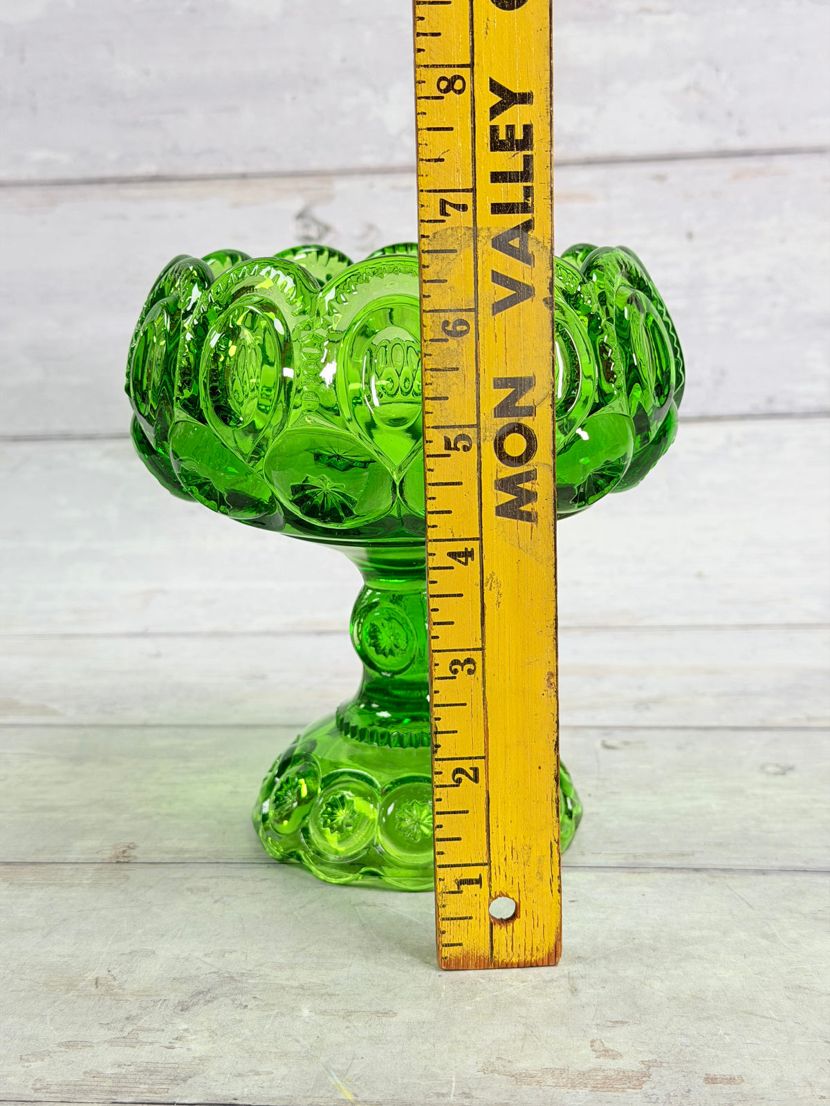 Moon and Star Green Glass Scalloped Pedestal Compote MN29