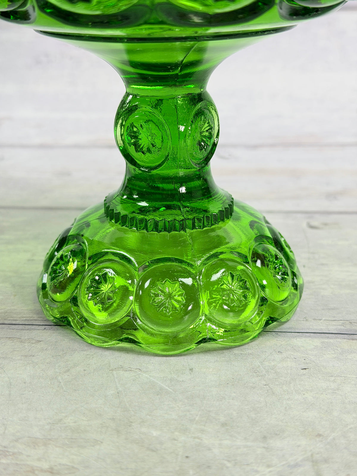 Moon and Star Green Glass Scalloped Pedestal Compote MN29