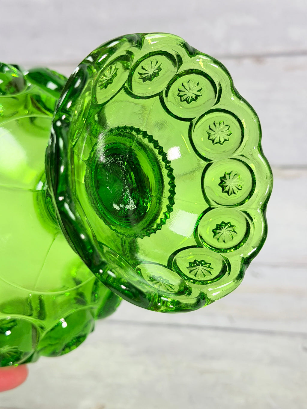Moon and Star Green Glass Scalloped Pedestal Compote MN29